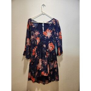 Free People Navy Floral Long Sleeve Swing Dress Size‎ 6 boho chic pocket